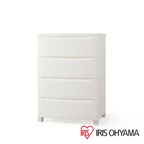 日系四層抽屜式組合收納櫃，米白色塑膠材質，簡潔現代設計，帶有方便拉取的無把手抽屜，底部有四個穩固的櫃腳。