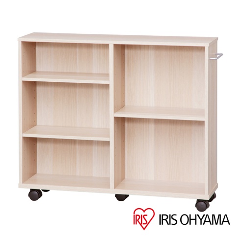 淺木色開放式收納推車，由木質纖維板製成，共四層隔間，兩側設有銀色推把，底部配備四個黑色輪子，方便移動。