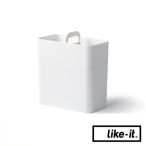 白色手提式雙層化妝品收納箱，採用簡潔的長方形設計，頂部有可提起的把手，適合收納各種化妝品。