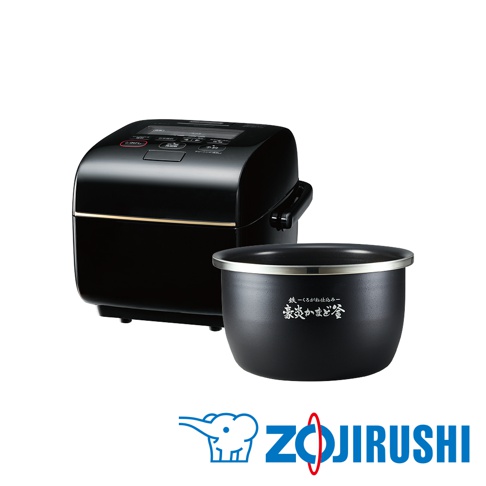 炎舞壓力IH電子鍋（NW-LAF10），黑色亮面機身搭配金色飾帶，配有印有日文「豪炎かまど炊き」字樣的黑色內鍋。