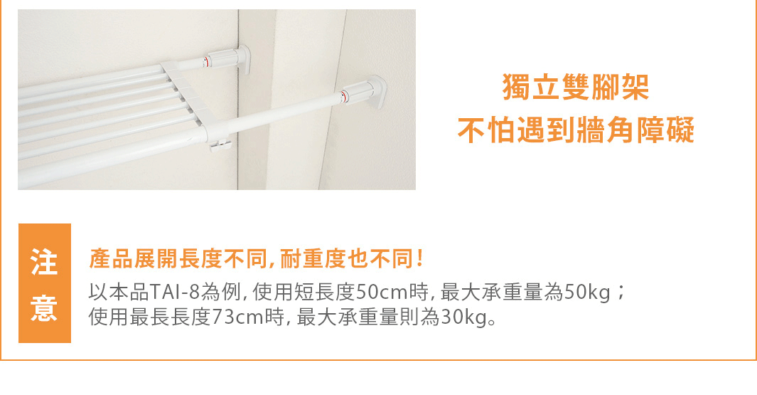 白色獨立腳伸縮桿層架，由金屬材質製成，具有多層水平桿，兩端固定在白色牆壁上，伸縮桿上可見紅色調節環。