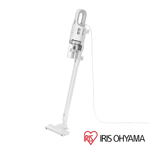白色輕便有線吸塵器，配有透明集塵筒，銀灰色提把，白色長管和吸頭，產品右下角有紅色愛心及「IRIS OHYAMA」品牌標誌。
