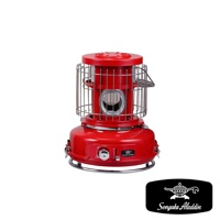 紅色金屬卡式瓦斯暖爐，帶有銀色金屬護網、旋鈕和提把，底部有黑色品牌標誌。