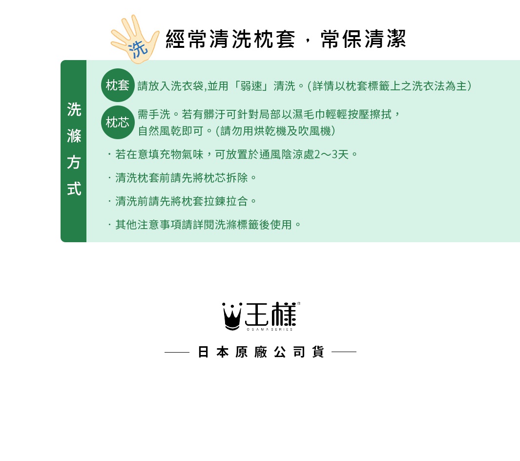 圖片文字：經常清洗枕套，常保清潔。洗滌方式：枕套 請放入洗衣袋，並用「弱速」清潔。(詳情以枕套標籤上之洗衣法為主)。枕芯 需手洗。若有髒汙可針對局部以濕毛巾輕輕按壓擦拭，自然風乾即可。(請勿用烘乾機及吹風機)。若在意填充物氣味，可放置於通風陰涼處2～3天。清潔枕套前請先將枕芯拆除。清潔前請先將枕套拉鍊拉合。其他注意事項請詳閱洗滌標籤後使用。