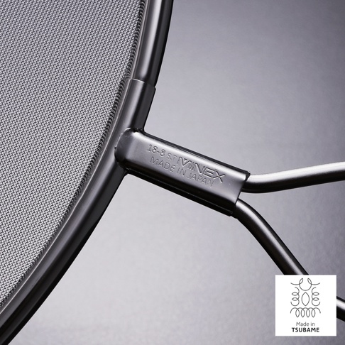 金屬材質的透視防噴濾網，帶有細密的網孔，手柄處有「18-8 ST.MINEX MADE IN JAPAN」字樣。