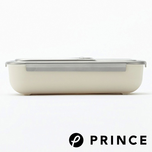 象牙白色磨泥切片兩用盒，附有銀色不鏽鋼上蓋與卡扣。