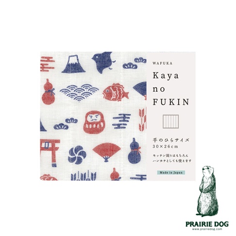 和布華五層紗蚊帳質地擦拭巾，印有富士山、達摩、魚、扇子、葫蘆等日式圖案，以紅藍兩色印製於白色織物上，質地輕薄透氣。
