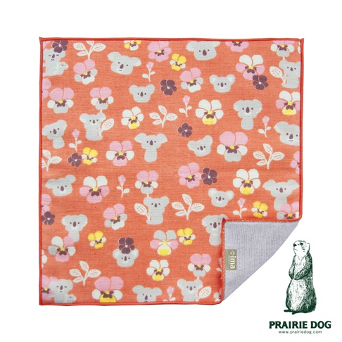 橘紅色方巾印有可愛的無尾熊和三色堇圖案，角落露出灰色毛巾材質。