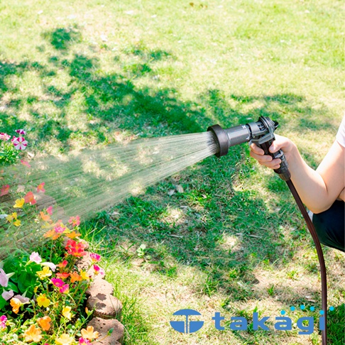 手持灰色噴頭的灑水管，正向一叢色彩鮮豔的花朵噴灑水柱，背景為綠色草坪。