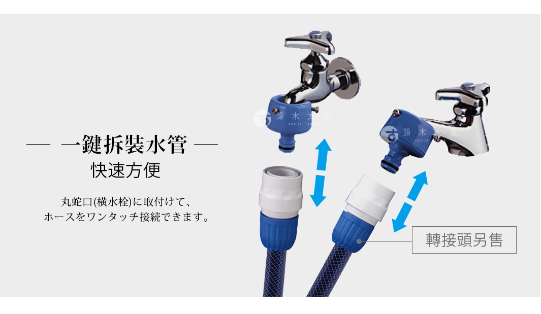 一鍵拆裝水管快速方便
丸蛇口(横水栓)に取付けて、ホースをワンタッチ接続できます。

轉接頭另售
