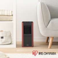 紅黑色直立式陶瓷電暖器，帶有黑色網狀出風口和底部黑色面板。