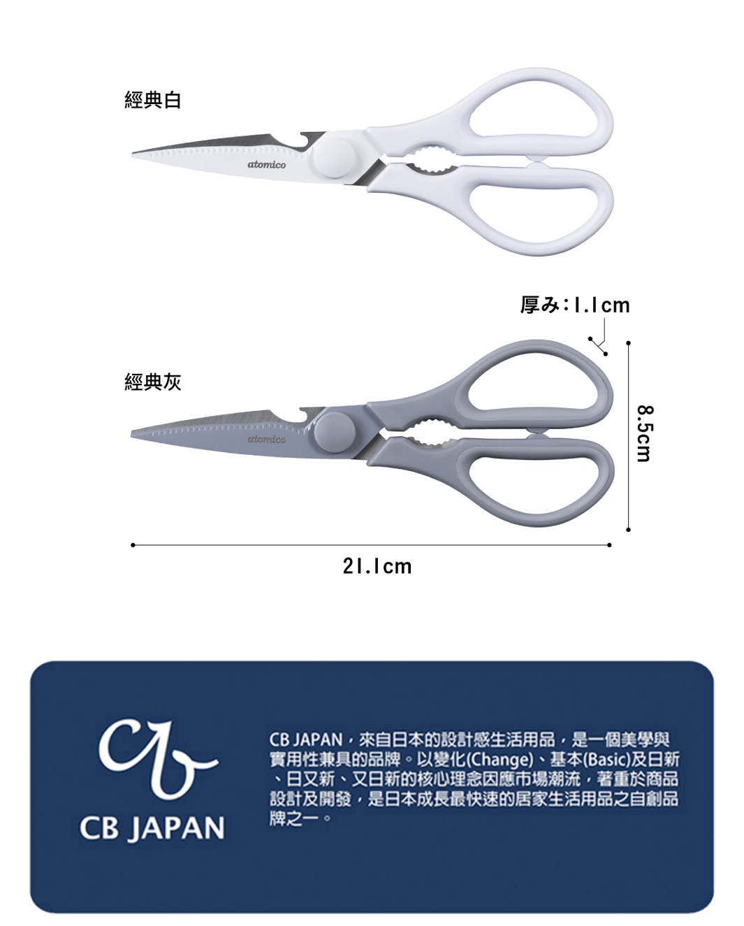 CB JAPAN 經典白與經典灰 atomico 廚房剪刀，標示厚度 1.1 公分，長度 21.1 公分，高度 8.5 公分