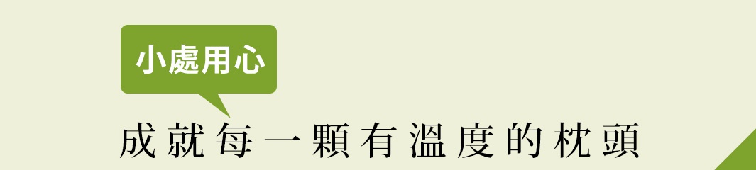 綠色對話框內有「小處用心」四個白色字體，下方有「成就每一顆有溫度的枕頭」的黑色字體，背景為淺米色，右下角有綠色三角形。