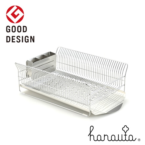 銀色不鏽鋼材質的橫放式碗碟架，附有可拆卸的瀝水盤和餐具收納盒，結構簡潔，線條流暢。