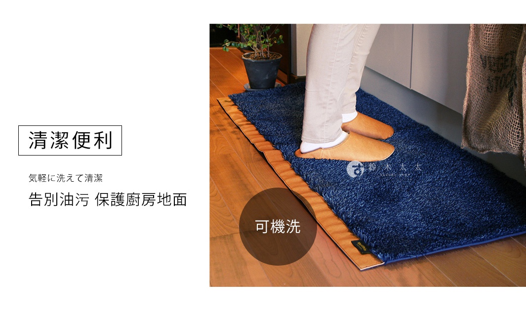 藍色毛絨廚房地墊，具有棕色包邊和防滑底。