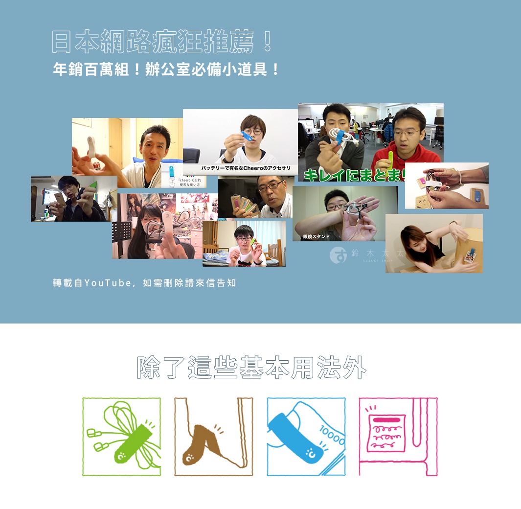 展示萬能QQ變形夾的五件組，夾子為綠色、藍色、粉紅色、棕色和透明材質，用於整理耳機線、鈔票和文件，展現多種創意用途。