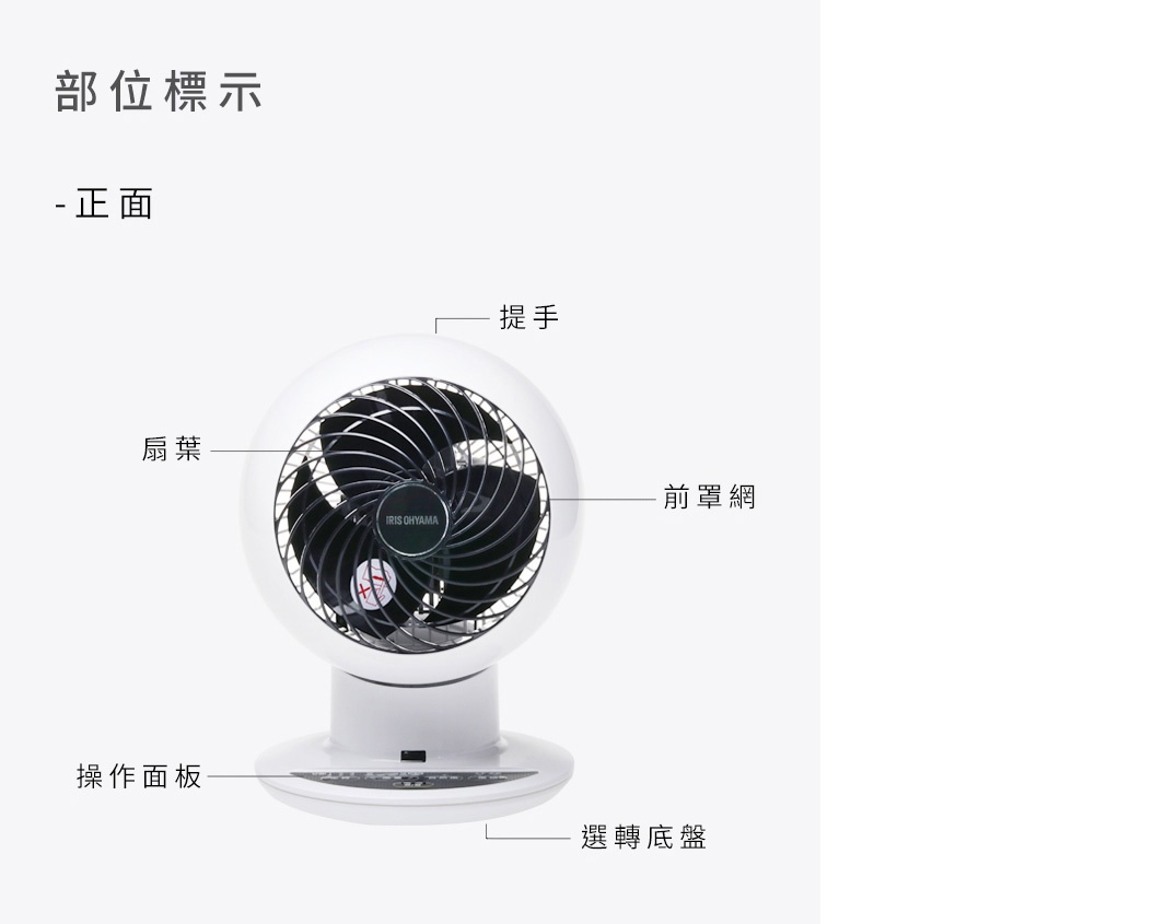 白色圓形空氣循環扇，配有黑色扇葉和網罩，頂部有提把，底部有操作面板和旋轉底盤。