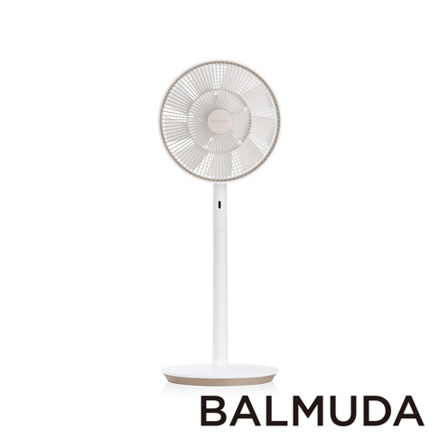 The GreenFan 風扇，白色機身搭配金色飾邊，簡約立式設計，扇葉和邊框為淺白色，底座為白色圓盤，整體呈現優雅質感。