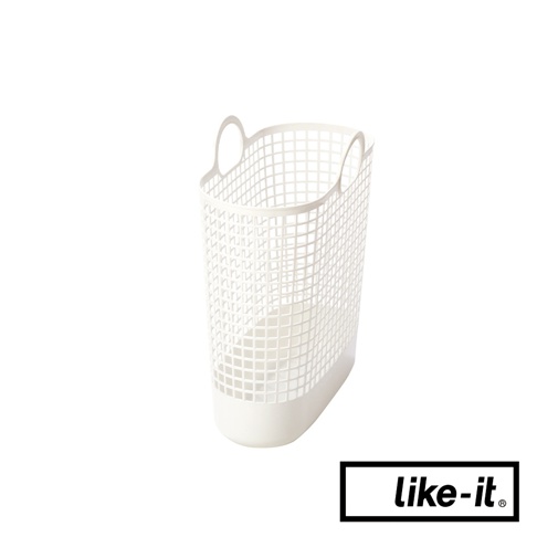 白色網格狀塑膠手提式洗衣籃，有兩個弧形提把，底部為白色實心設計，整體呈現長方形桶狀。