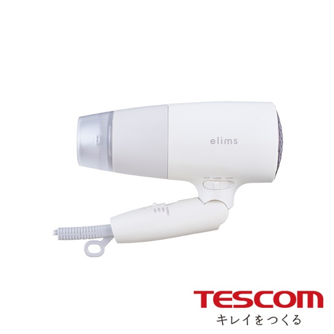 白色輕巧吹風機，設有可調式開關，機身印有elims字樣，底部有TESCOM品牌標誌。