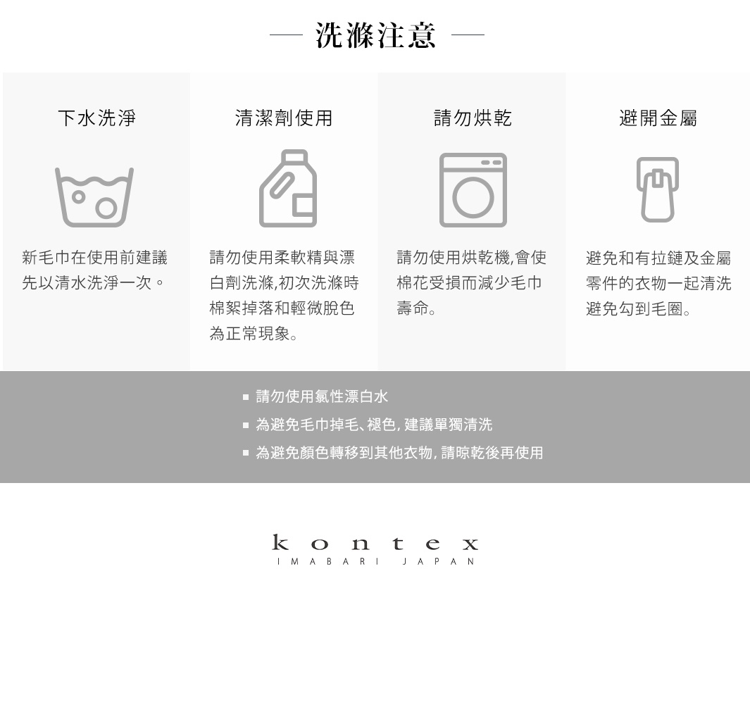 四個洗滌注意事項的圖示與文字說明，包括：手洗標誌、清潔劑標誌、烘乾機標誌、金屬標誌，以及下方關於使用說明與注意事項的文字。