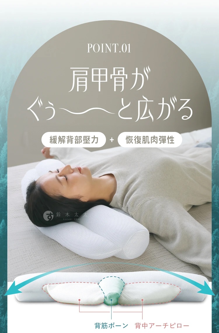 一名女子側臥於白色網狀材質的FineSleep瑜珈感好眠安睡枕上，枕頭呈現波浪狀，具有支撐頸部和頭部的功能。
