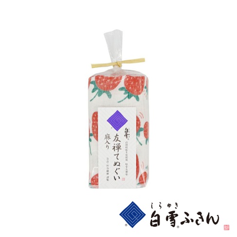 友禪染草莓圖案廚房長拭巾，白色棉麻材質，以透明包裝袋和黃色細繩綑綁，附有日文產品標籤。