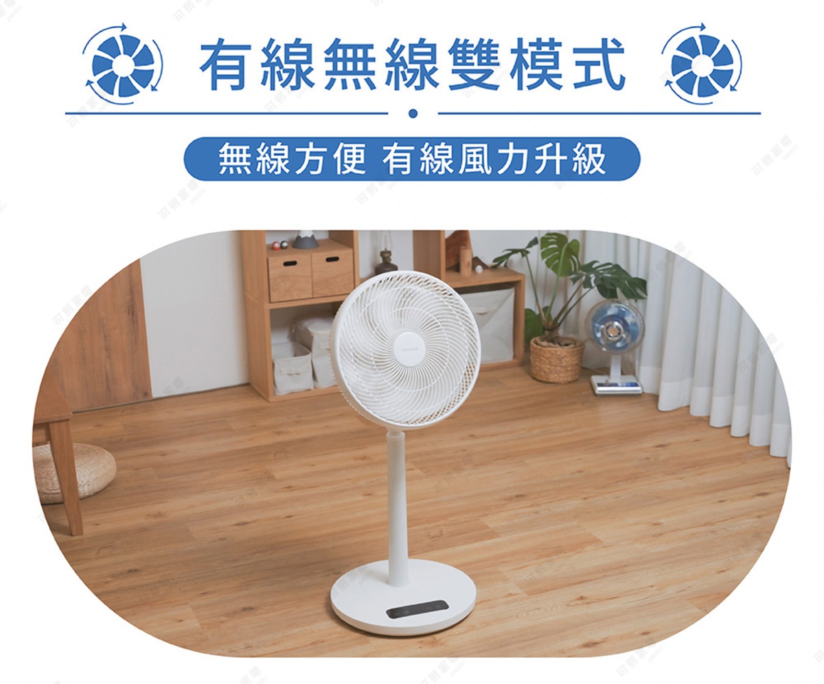 一張拍攝於居家客廳場景的產品宣傳圖，畫面中央擺放一台純白色的日本KOIZUMI DC變頻落地式電風扇，電風扇採用簡潔的圓形底座與直立式機身設計。圖片上方標題顯示有線無線雙模式，下方說明強調無線方便與有線風力升級的功能特色，背景呈現木質地板與溫馨的居家佈置。
