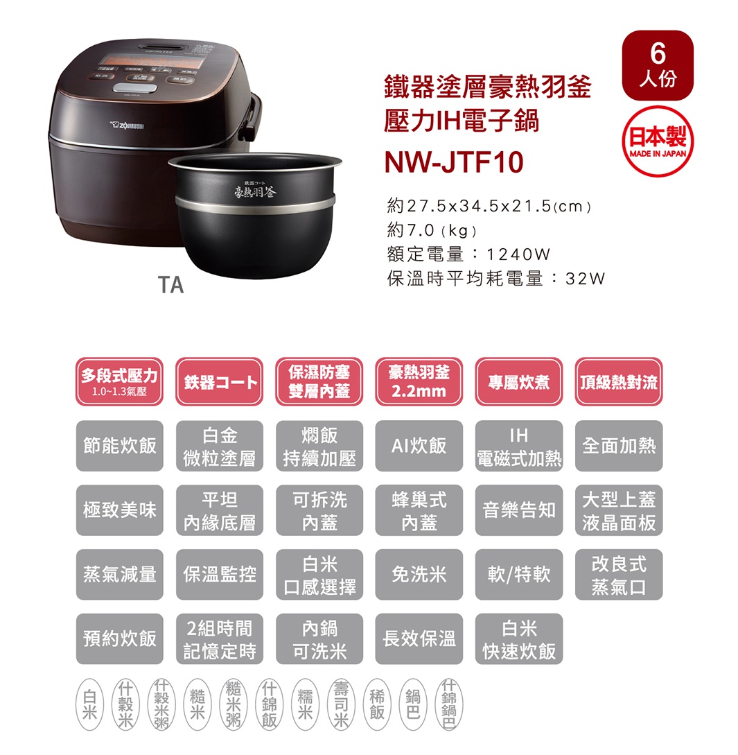 深棕色鐵器塗層豪熱羽釜壓力IH電子鍋，內附黑色內鍋，鍋身銀色飾帶，上方有操作面板。