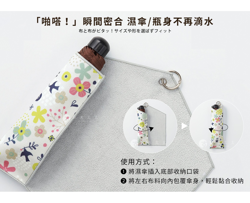 「啪嗒！」瞬間密合 濕傘/瓶身不再滴水
布と布がピタッ！サイズや形を選ばずフィット
使用方式：
1.將濕傘插入底部收納口袋
2.將左右布料向內包覆傘身，輕鬆黏合收納

