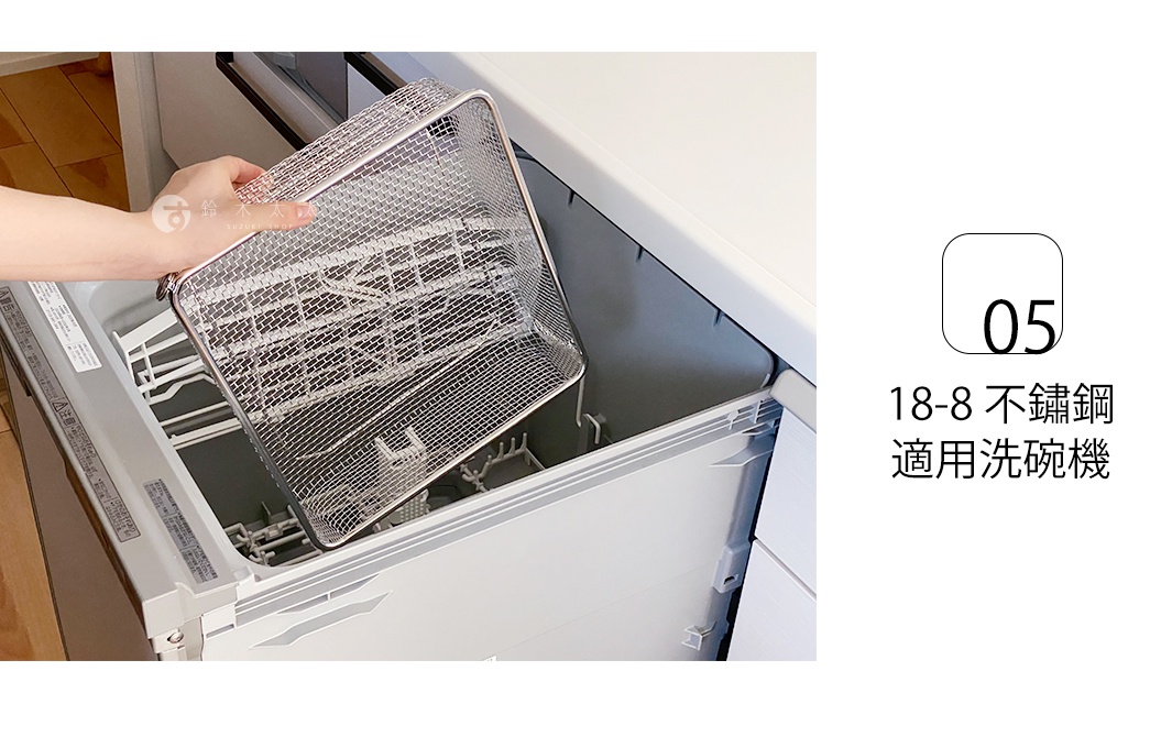 一只手正將銀色不鏽鋼製、網格狀的方型瀝水籃放入白色洗碗機內部。