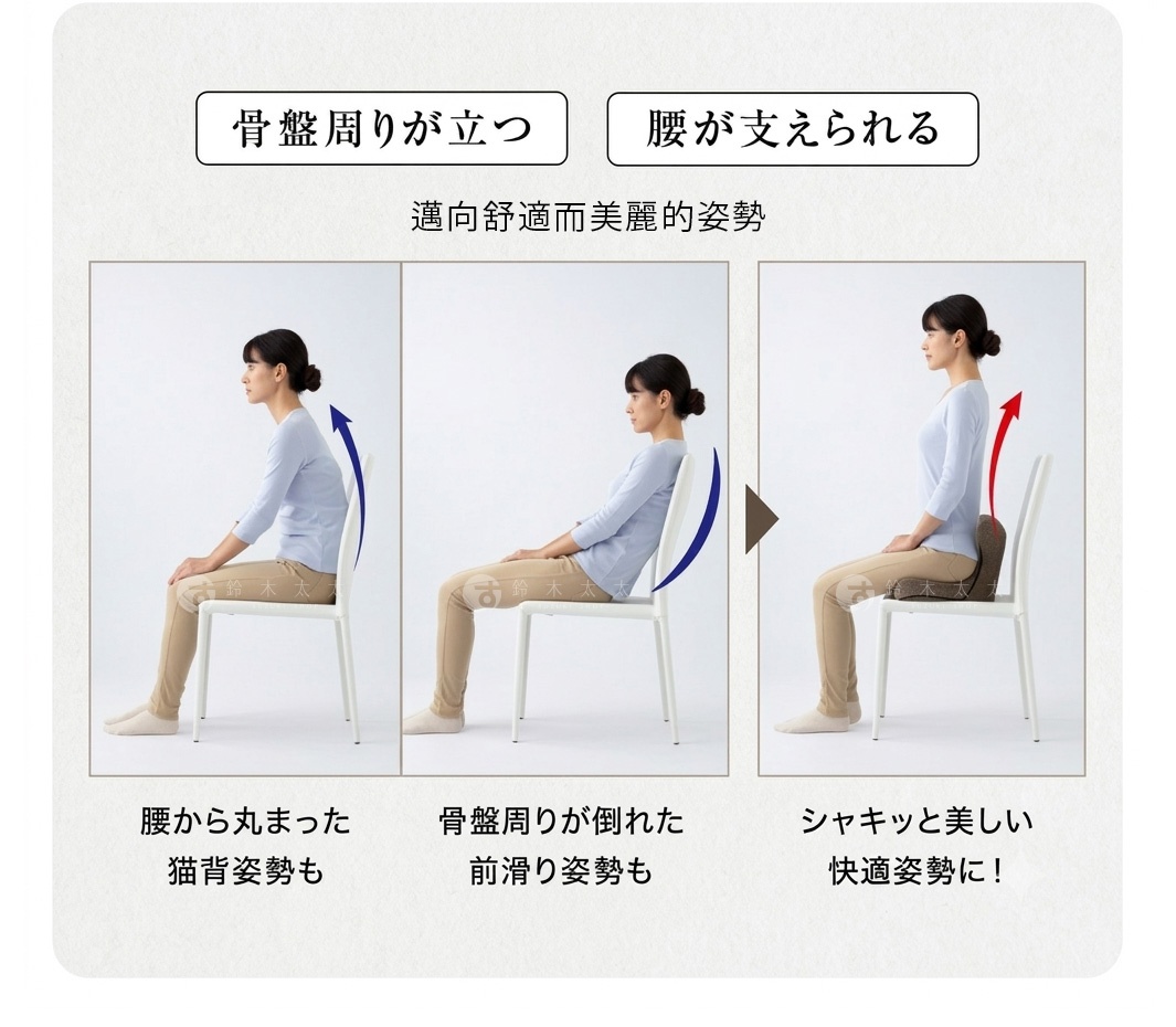 圖片文字：骨盤周りが立つ 腰が支えられる 邁向舒適而美麗的姿勢 腰から丸まった猫背姿勢も 骨盤周りが倒れた前滑り姿勢も シャキッと美しい快適姿勢に
