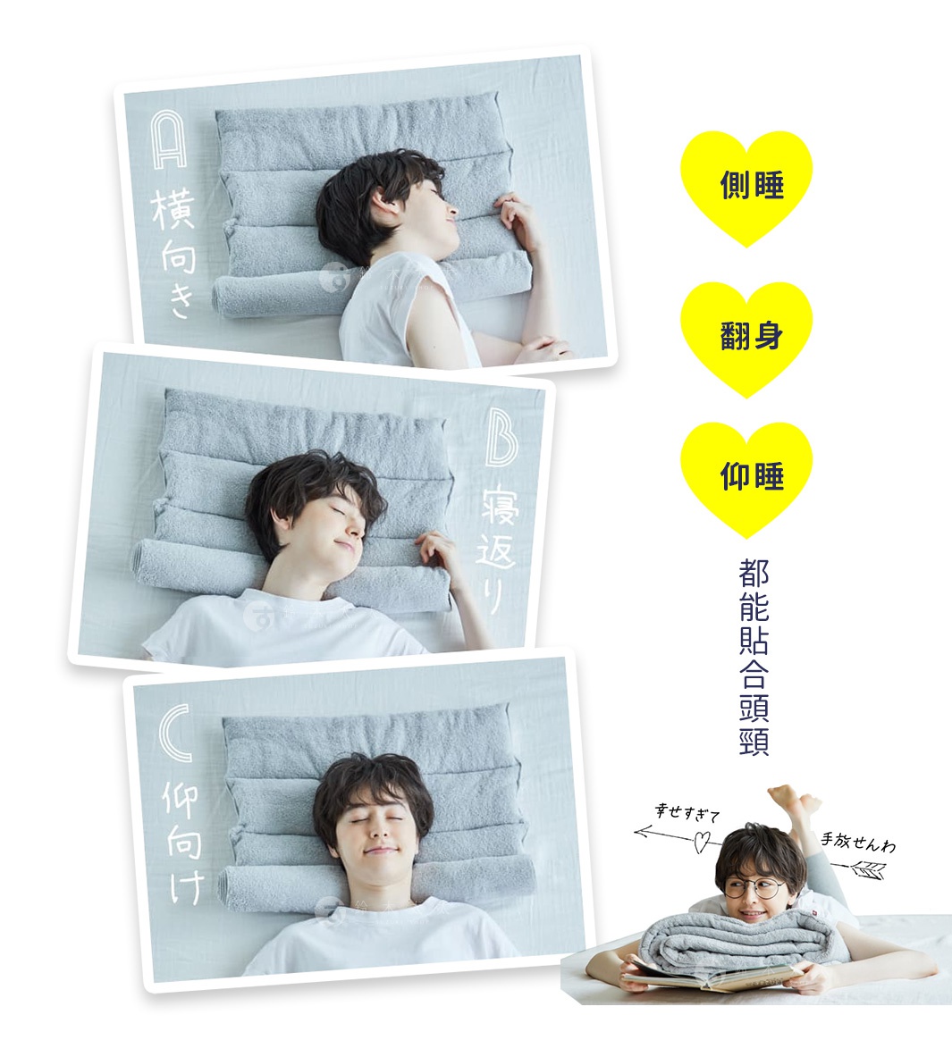 模式B： 三張圖片展示了同一位模特採用側睡、翻身睡和仰睡三種姿勢，並搭配日文輔助說明。右側有三個黃色愛心圖示，分別標註了側睡、翻身和仰睡，下方還有日文「都能貼合頭部」。最右下角有一張縮圖，一人躺在地上，頭枕著捲起來的毛巾，並配有日文圖示和文字。