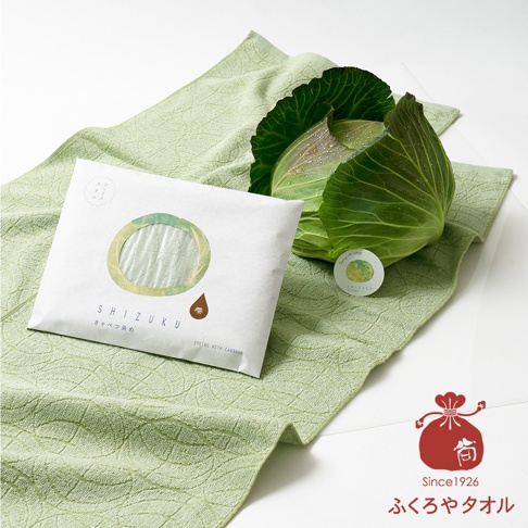 一條淺綠色、帶有葉子圖案紋理的毛巾，上面疊放著一包白色包裝的SHIZUKU野菜染瞬吸薄毛巾，包裝上印有圓形窗口展示毛巾細節，旁邊擺放著一顆新鮮的高麗菜。