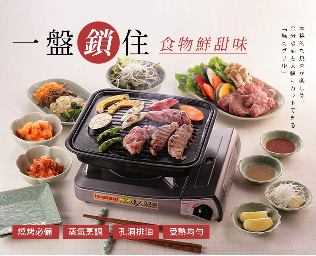 卡式爐專用鑄鐵烤盤，黑色烤盤上煎著烤肉、櫛瓜、玉米筍和南瓜，旁邊擺放著多種韓式小菜、醬料和檸檬片。