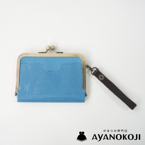 AYANOKOJI 藍色帆布橫式口金卡片收納包，附有深棕色皮革腕帶