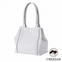 JETTER 方形托特包 CJTE-026，白色荔枝紋皮革，配有圓形金屬釦和黑色滾邊，風格簡約。