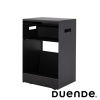 黑色金屬收納推車，有兩個開放式層架、一個抽屜，側邊有把手，底部有輪子，右下方有 DUENDE 品牌標誌