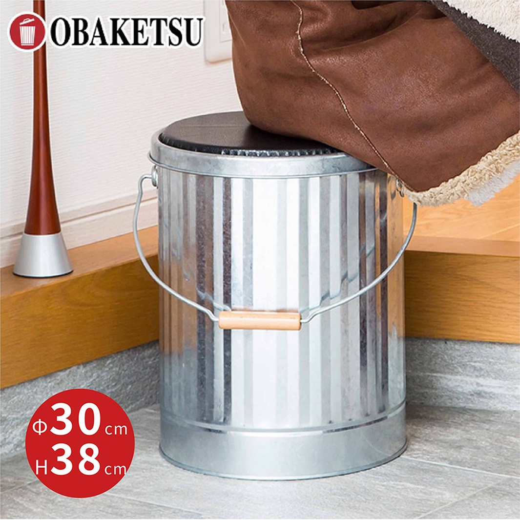 OBAKETSU 手工製銀色儲物凳，附有木質提把，直徑30公分，高38公分