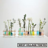 展示兩個金色金屬支架，各承載一排玻璃試管花器，試管內裝有不同顏色的液體及各式綠葉與花朵，整體呈現簡約現代的風格。