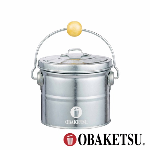 OBAKETSU 品牌圓形鍍鋅鋼製蚊香桶，配有木質提把和蓋子，桶身有垃圾桶圖案標誌