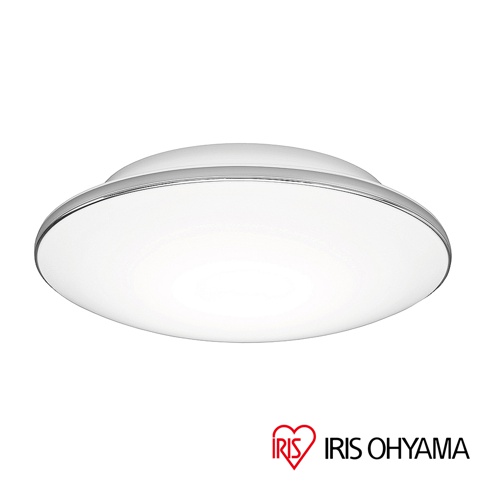 圓形LED吸頂燈，白色燈罩，外圈為金屬銀色邊框，底部有IRIS OHYAMA品牌標誌。
