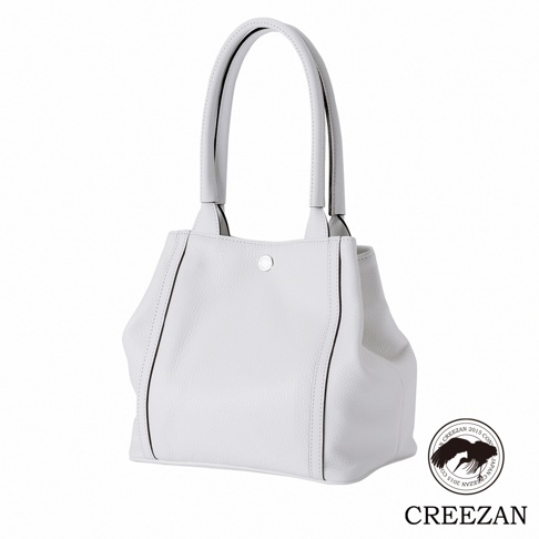 JETTER 方形托特包 CJTE-026，白色荔枝紋皮革，配有圓形金屬釦和黑色滾邊，風格簡約。