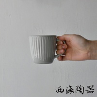 一個灰色陶瓷馬克杯，杯身有垂直凹槽紋路，杯柄為彎曲設計，由一只手持握。