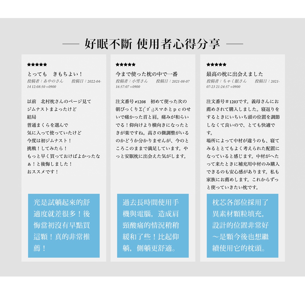 好眠不斷   使用者心得分享

之前就有在這顆枕頭與一般枕頭之間做選擇。雖然當時選了一般枕頭，但事後還是回過頭來買了這顆豌豆枕。光是試躺起來的舒適度就差很多！後悔當初沒有早點買這顆！真的非常推薦！

因家人推薦而購入，睡覺翻身時不用一直調整頭部位置，躺感非常舒適。枕芯各部位採用了異素材顆粒填充，設計的位置非常好～是顆今後也想繼續使用它的枕頭。

第一次使用這顆枕頭後，隔天早上就感受到差距了！過去長時間使用手機與電腦，造成肩頸酸痛的情況稍稍緩和了些！比起仰躺，側躺更舒適。終於遇到一顆能讓我安穩熟睡的枕頭！
