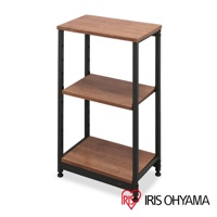 三層窄型鐵木層架，木紋層板搭配黑色金屬框架，結構簡潔，適合收納。