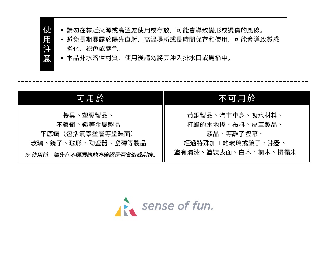 使用注意
請勿在靠近火源或高溫處使用或存放，可能會導致變形或燙傷的風險。
避免長期暴露於陽光直射、高溫場所或長時間保存和使用，可能會導致質感劣化、褪色或變色。
本品非水溶性材質，使用後請勿將其沖入排水口或馬桶中。
可用於: 
餐具
塑膠製品
不鏽鋼、鐵等金屬製品
平底鍋（包括氟素塗層等塗裝面）
玻璃、鏡子、琺瑯、陶瓷器、瓷磚等製品
※ 使用前，請先在不顯眼的地方確認是否會造成刮痕。
不可用於:
黃銅製品
汽車車身
吸水材料
打蠟的木地板
布料、皮革製品
液晶、等離子螢幕
經過特殊加工的玻璃或鏡子
漆器、塗有清漆、塗裝表面、白木、桐木、榻榻米
