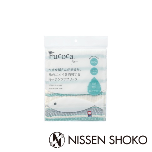 Fucoca. fish 今治純棉抗菌防臭廚房擦拭巾，白色魚造型，粉藍、綠、白條紋，100%純棉材質，尺寸34x40cm，日本製。