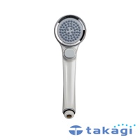 珍珠白色的 Air beat 拍打按摩蓮蓬頭，具有圓形銀色邊框的灰色出水盤，下方有灰色按鈕，整體為光滑的塑膠材質。