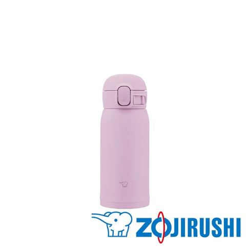 淺粉色不鏽鋼一體式中栓彈蓋保溫杯，容量0.36L，帶有象印Logo。